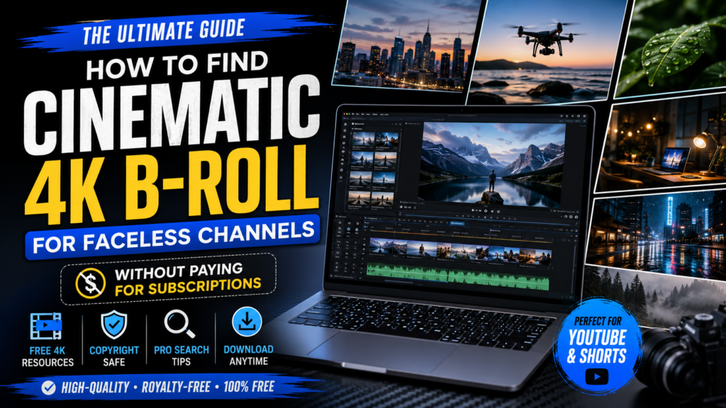 Laptop showing video editing software with cinematic 4K B-roll footage for faceless YouTube channels, surrounded by royalty-free stock video scenes.