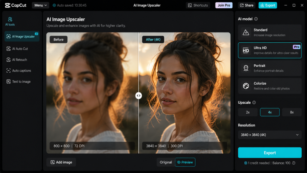 CapCut AI Image Upscaler transforming a blurry low-resolution image into a crystal-clear 4K masterpiece.