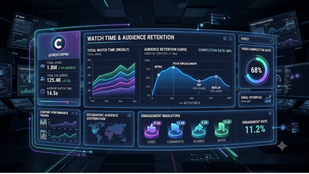 TikTok algorithm dashboard showing audience retention graph.