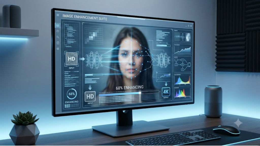 AI dashboard analyzing and enhancing a low-resolution image