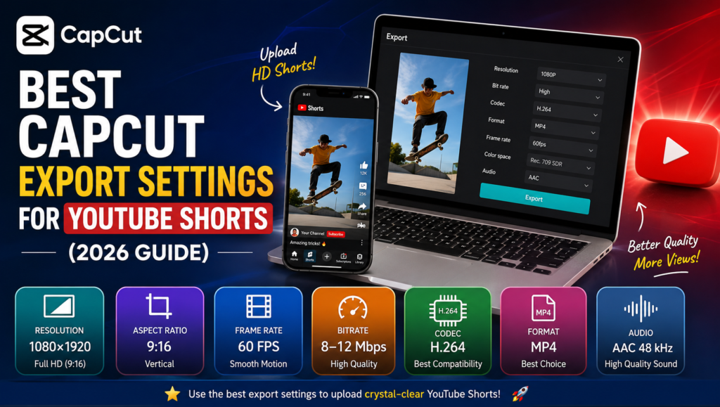 Best CapCut export settings for YouTube Shorts showing 1080×1920 resolution, H.264 codec, MP4 format, 60 FPS, and recommended bitrate for high-quality uploads.