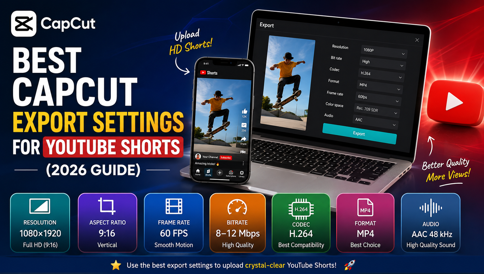 Best CapCut export settings for YouTube Shorts showing 1080×1920 resolution, H.264 codec, MP4 format, 60 FPS, and recommended bitrate for high-quality uploads.