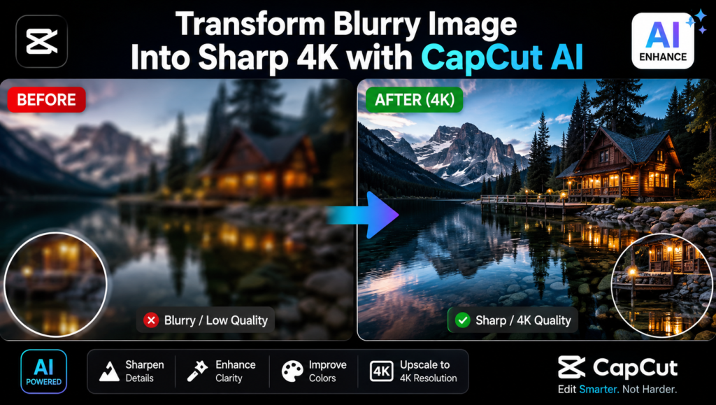 CapCut AI Image Upscaler transforming a blurry low-resolution image into a crystal-clear 4K masterpiece.