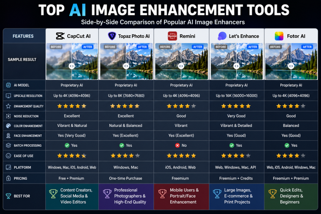 Comparison of popular AI image enhancement tools